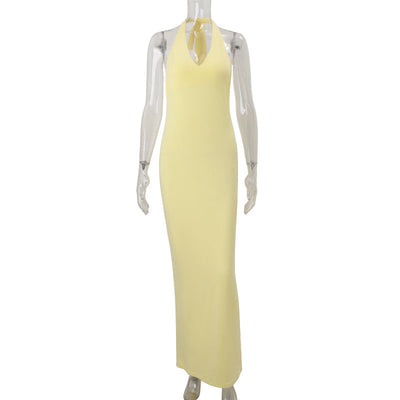Women Clothing Summer Sexy V neck Halter Backless High Waist Slim Solid Color Dress