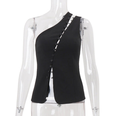 Women Clothing Summer Diagonal Collar Hooks Sexy Sleeveless Vest