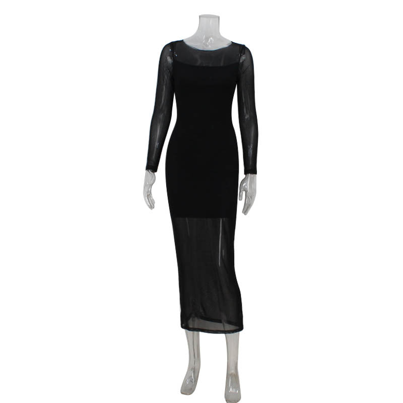 Women round Neck Long Sleeve Slim Fit Figure Flattering Dress Sexy Mesh Stitching Red Carpet Dress