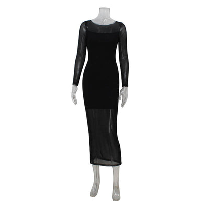 Women round Neck Long Sleeve Slim Fit Figure Flattering Dress Sexy Mesh Stitching Red Carpet Dress