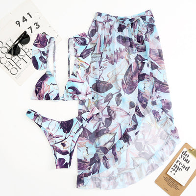 Women Printed Split Sexy Double Sided Mesh Triangle Bikini Swimsuit Three Piece Set
