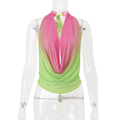 Women Clothing Summer Sexy Halter Swing Collar Gradient Multicolor Vest Mini Hip Bag Skirt Two Piece Sets