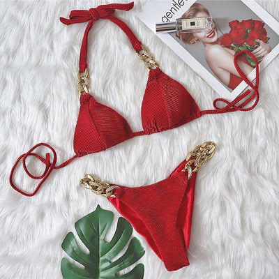 Bikini Golden Diamond Chain Split Swimsuit Sexy Special Fabric Women Swimwear textured