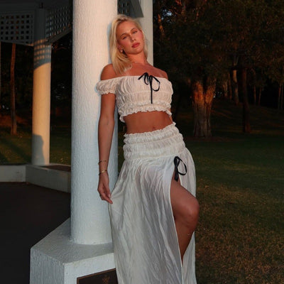 Women Clothing Summer Sexy Vacation off Neck Pleated Top Split Skirt Set
