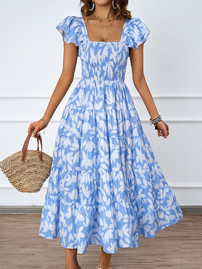 Square Collar Printing Pleated Ruffle Sleeve Elegant Bohemian Printing Dress