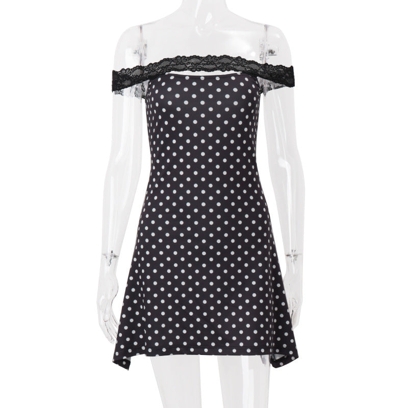 Women Clothing Summer Sexy off Neck Lace Polka Dot Print Slim Fit Sheath Dress