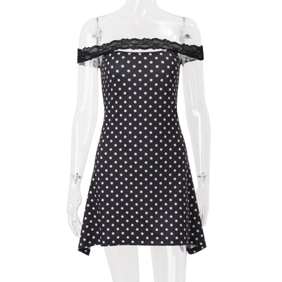 Women Clothing Summer Sexy off Neck Lace Polka Dot Print Slim Fit Sheath Dress