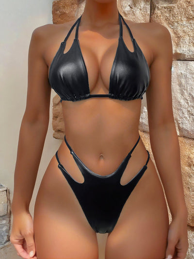 Bikini Double Bikini Open Back Swimsuit Lace up Swimsuit Women Sexy Swimsuit Solid Color Two Piece Sets