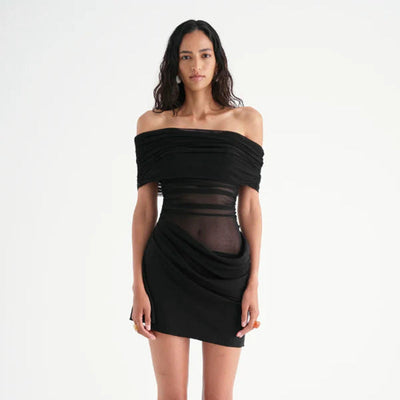 Women Clothing Mesh Stitching off Neck Transparent Slim Fit Sheath Dress