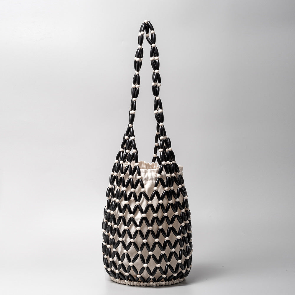 Woven Bag Women Summer Special Interest Design Hollow Out Cutout Handbag with Wooden Beads Decoration Portable Bucket Shoulder Bag