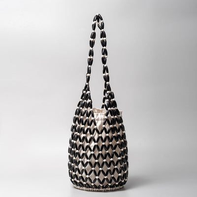 Woven Bag Women Summer Special Interest Design Hollow Out Cutout Handbag with Wooden Beads Decoration Portable Bucket Shoulder Bag