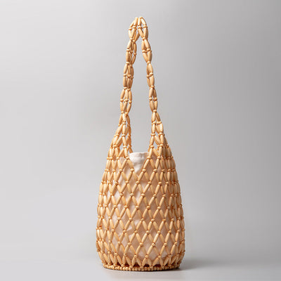 Woven Bag Women Summer Special Interest Design Hollow Out Cutout Handbag with Wooden Beads Decoration Portable Bucket Shoulder Bag