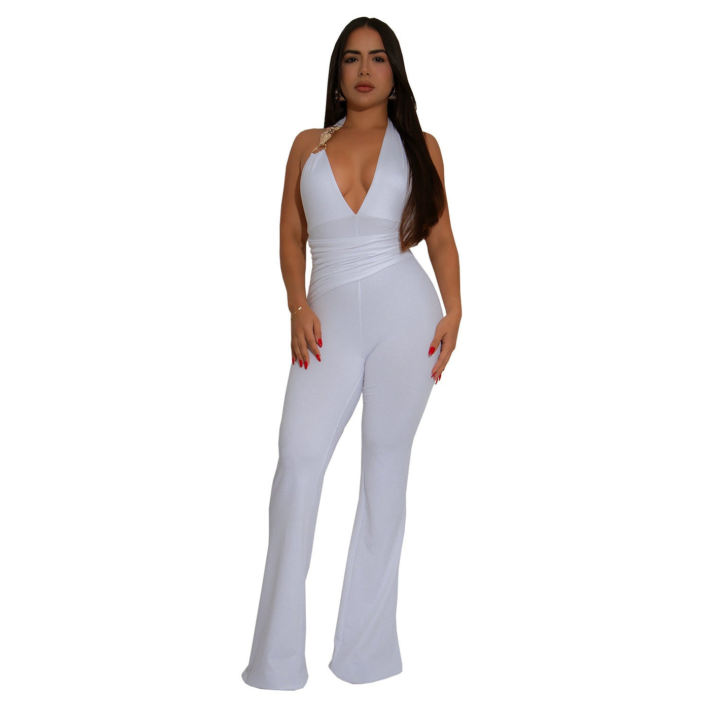 Women Wear Strap Sexy Deep V Plunge Halter Solid Color Jumpsuit