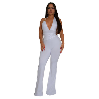 Women Wear Strap Sexy Deep V Plunge Halter Solid Color Jumpsuit
