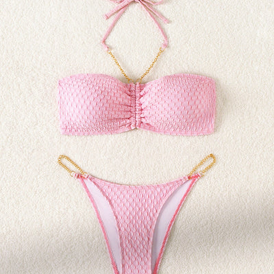 Tube Top Lace up Bikini Swimsuit Women Split Small Chest Push up Big Breasts Sexy Bikini