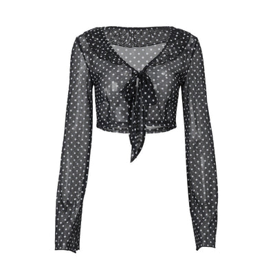 Women Clothing Summer Sexy See through Polka Dot Printed Long Sleeve Elegant Top