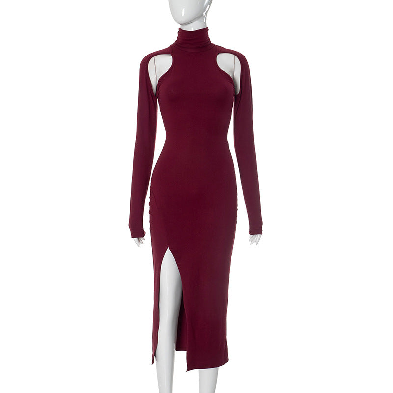 Women Sexy Slim Deep Cerise Hollow Out Cutout Split Mid Length Dress