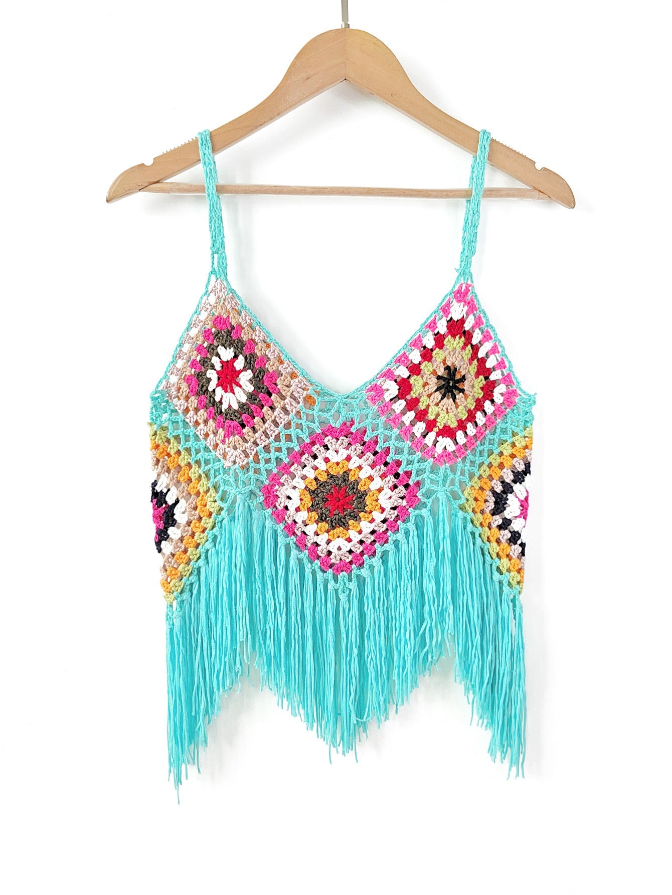 Women Clothing Women Top Pure Hand Crocheting Random Mixed Color Stitching Camisole Tassel Shirt Crochet