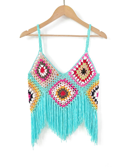 Women Clothing Women Top Pure Hand Crocheting Random Mixed Color Stitching Camisole Tassel Shirt Crochet