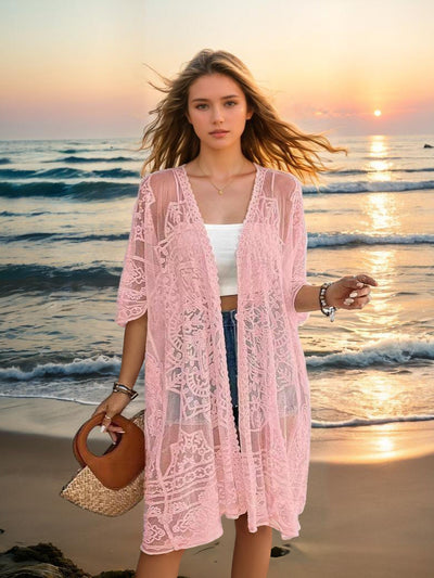 Women's Clothing Sexy See through Water Soluble Lace Embroidered Cardigan Beach Bikini Sun Protective Blouse