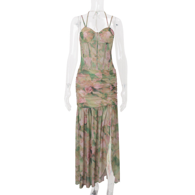 Women Clothing Summer Sexy Spaghetti Strap Floral Print Vacation Beach High Waist Slimming Slit Dress Women