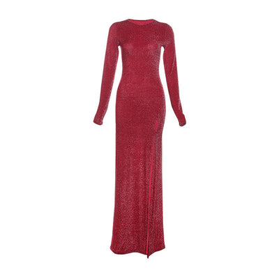 Winter Women Clothing Personality round Neck Elegant Slim Fit Sexy Slit Long Sleeve Dress Women