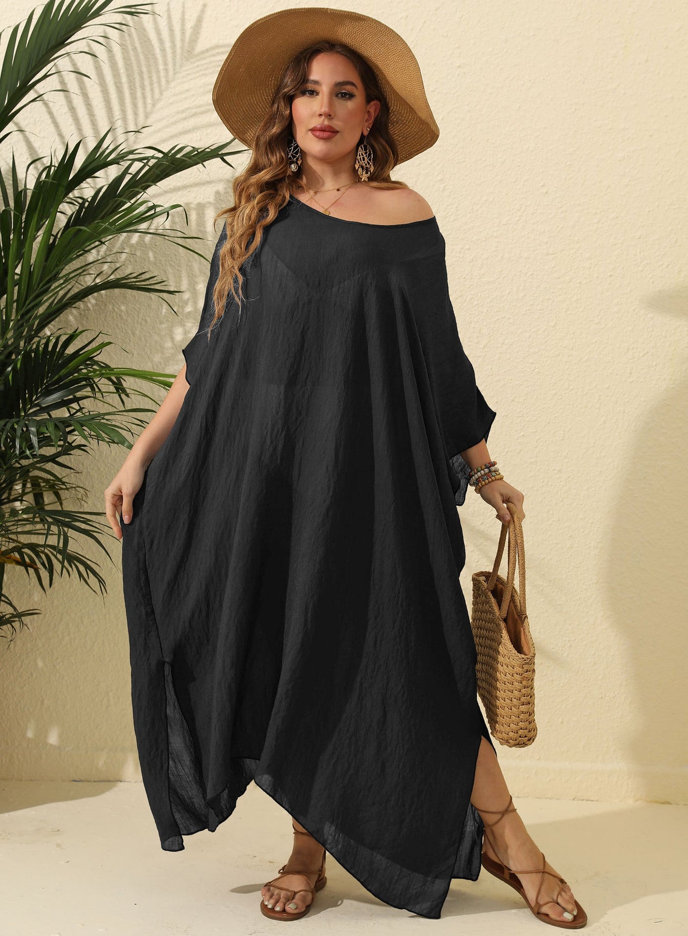 Women Clothes Solid Color Loose Blouse Beach Vacation Split Mop Dress