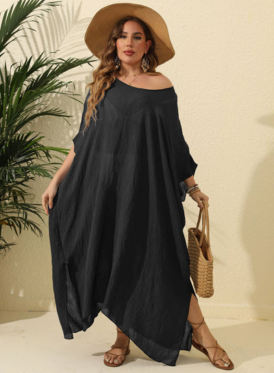 Women Clothes Solid Color Loose Blouse Beach Vacation Split Mop Dress