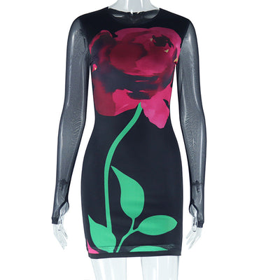 Women Clothing Dress Print round Neck Mesh Long Sleeve Narrow Pullover Dress