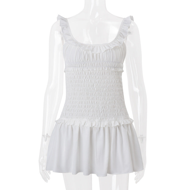 Women Clothing Spring Sexy Elegant Wooden Ear Pleated Strap Pleated Dress Short for Women