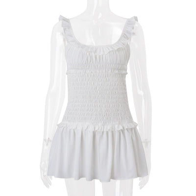 Women Clothing Spring Sexy Elegant Wooden Ear Pleated Strap Pleated Dress Short for Women