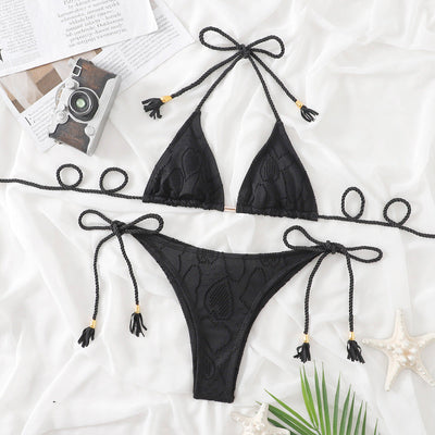 Women Sexy Bikini Women Plain Tassel Split Beach Swimsuit Suit Women