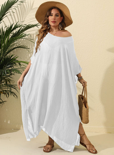 Women Clothes Solid Color Loose Blouse Beach Vacation Split Mop Dress