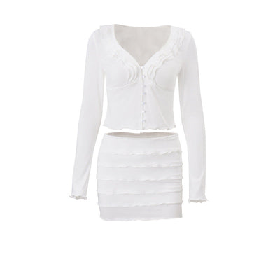 Women Clothing Fall V neck Low Cut Ruffled Hooks Cardigan Top Sheath Skirt Set