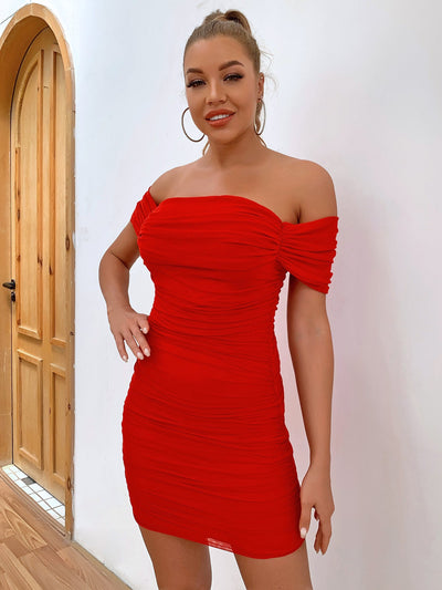 Women Clothes Sexy Bandeau Backless Dress Pleated Mesh off Neck Dress