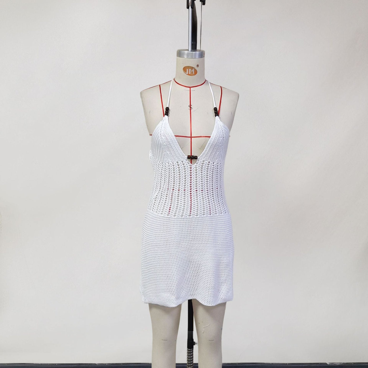 Women Spring Clothing Knitted Hollow Out Cutout Sexy V neck Halter Backless Lace up Beach Dress Women