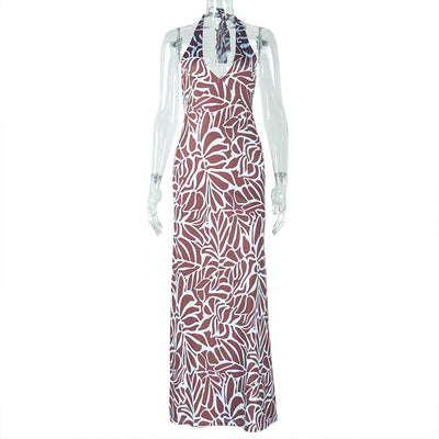 Women Clothing Comfortable Elegant Backless Abstract Printing Suspender Sleeveless U Neck Dress