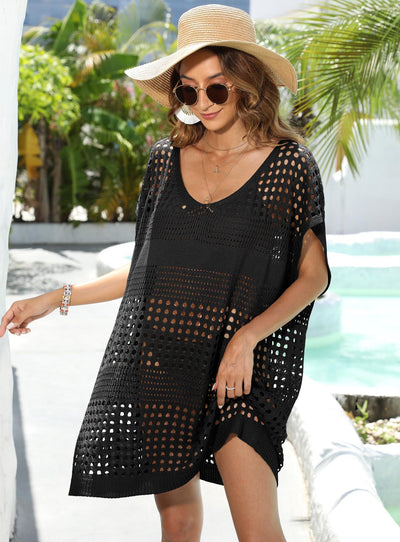Beach Clothes Vacation Blouse Women Hollow Out Cutout Woven Shirt Beach Cover Up Loose Dress