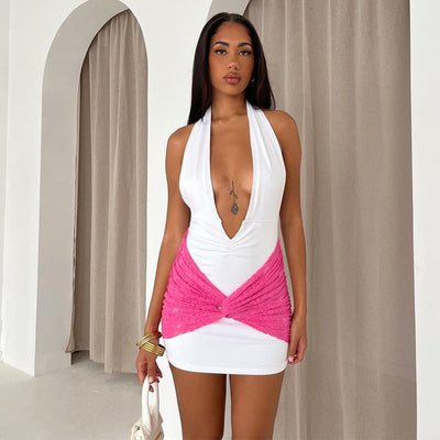 Women V neck Stitching Contrast Color Strap Backless Women V neck Dress