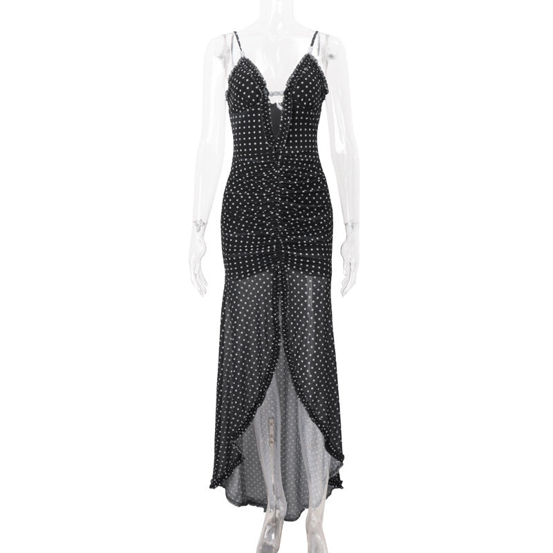 Women Clothing Summer Sexy Vacation Polka Dot Floral Print Slit Slim Strap Dress