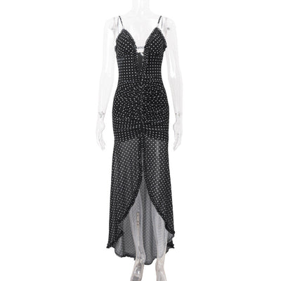 Women Clothing Summer Sexy Vacation Polka Dot Floral Print Slit Slim Strap Dress