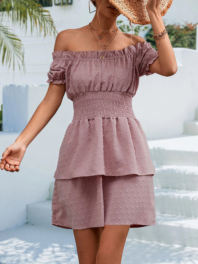 Women Clothing Spring Summer Sexy off the Shoulder Smocking Jacquard Dress