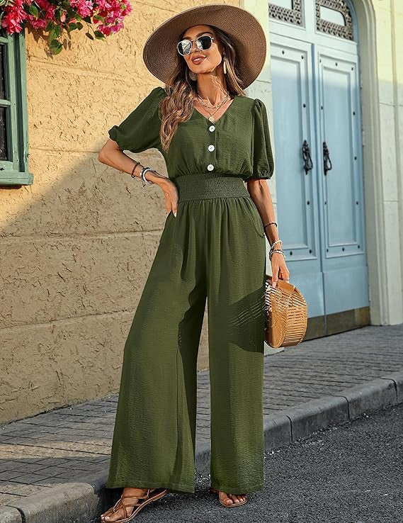 Women Wear Elegant Short Sleeve Collared Waist Tight Jumpsuit Wide Leg Loose Jumpsuit