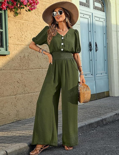 Women Wear Elegant Short Sleeve Collared Waist Tight Jumpsuit Wide Leg Loose Jumpsuit