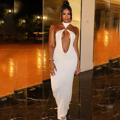 Women Clothing Winter Solid Color Tied Halter Sexy Cutout Slim Fit Dress