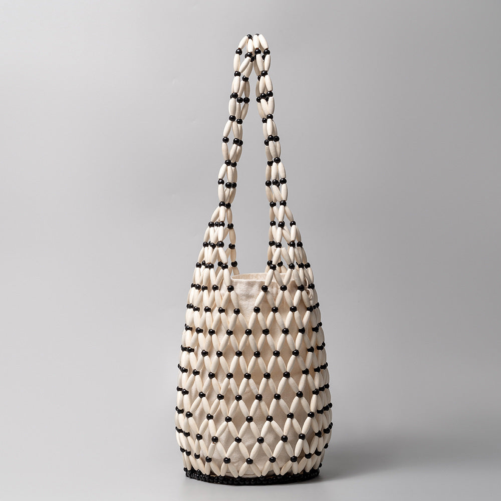 Woven Bag Women Summer Special Interest Design Hollow Out Cutout Handbag with Wooden Beads Decoration Portable Bucket Shoulder Bag