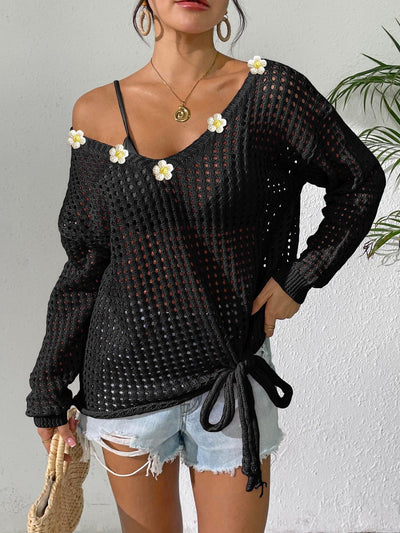 Women V neck Pullover Top Cutout Blouse Lace up Bow Outerwear Shirt Crochet Stitching Loose Sweater Women