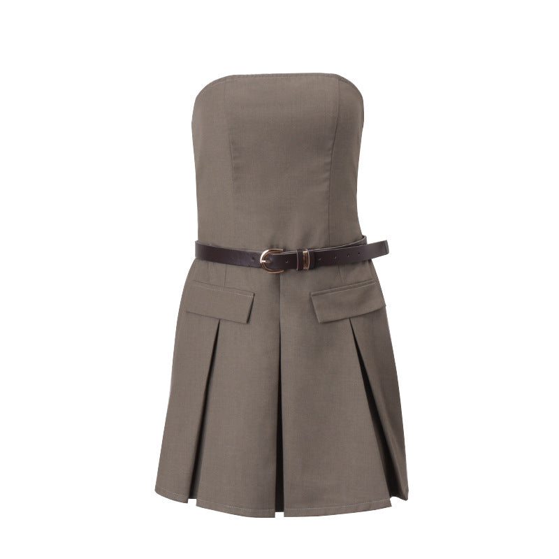 Women Clothing Autumn Personality Street Retro Bandeau Slim Fit Dress Pleated Dress