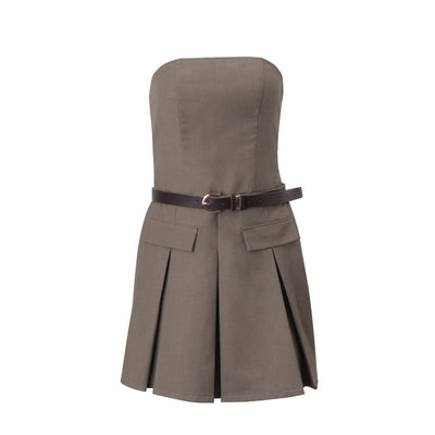 Women Clothing Autumn Personality Street Retro Bandeau Slim Fit Dress Pleated Dress
