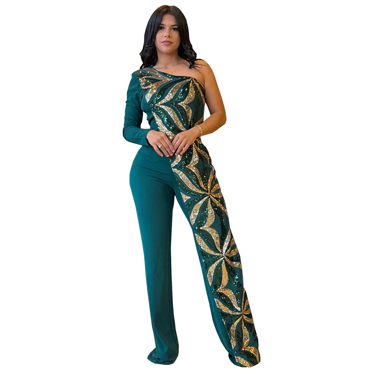 Women Wear Elegant Bodycon One Shoulder Bead Bag Arm Jumpsuit